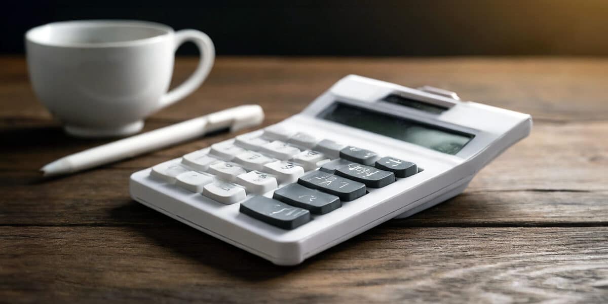 White calculator on wooden desk